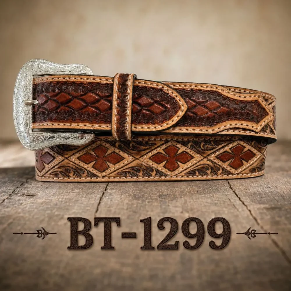 Ranger Belt Co BT1299 Western 2 Tone Leather Belt Diamond Clover Tooled Size 44